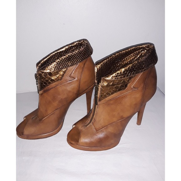 Alexandre Birman Sz 6  Leather Open-Toe Booties w Bronze Snakeskin Rim - Picture 1 of 10